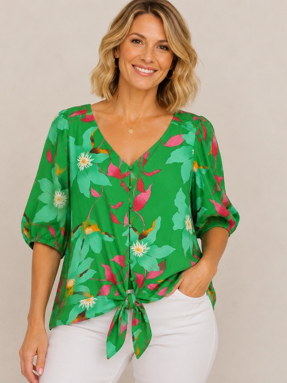 Rose & Olive Green Floral Tie-Front Women's Top